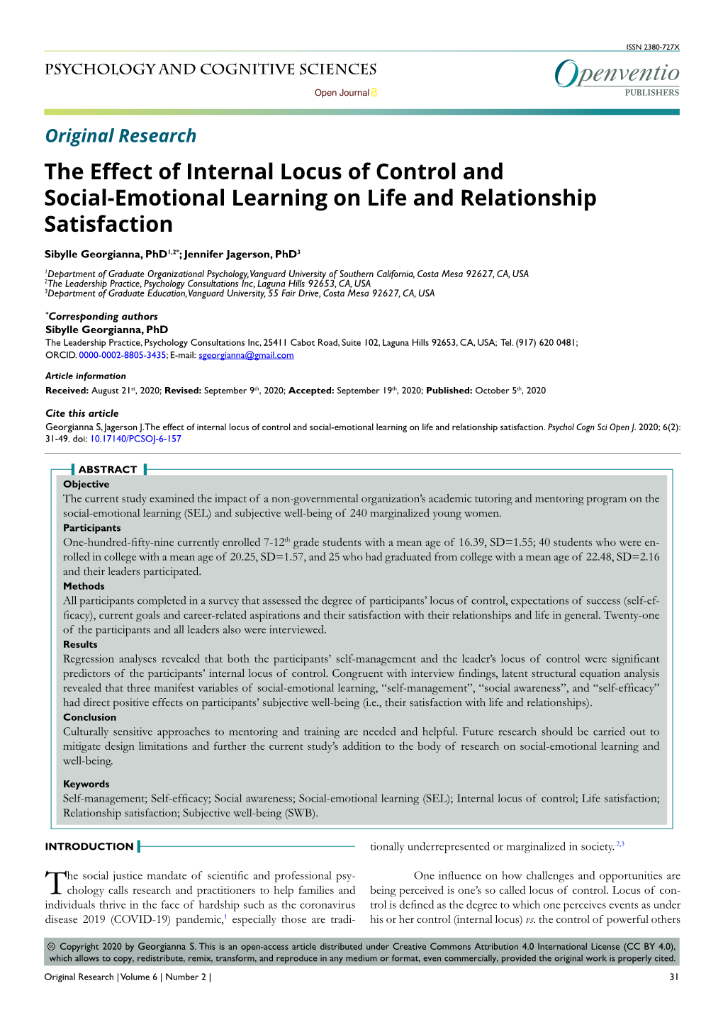The Effect of Internal Locus of Control and Social-Emotional Learning on Life and Relationship Satisfaction