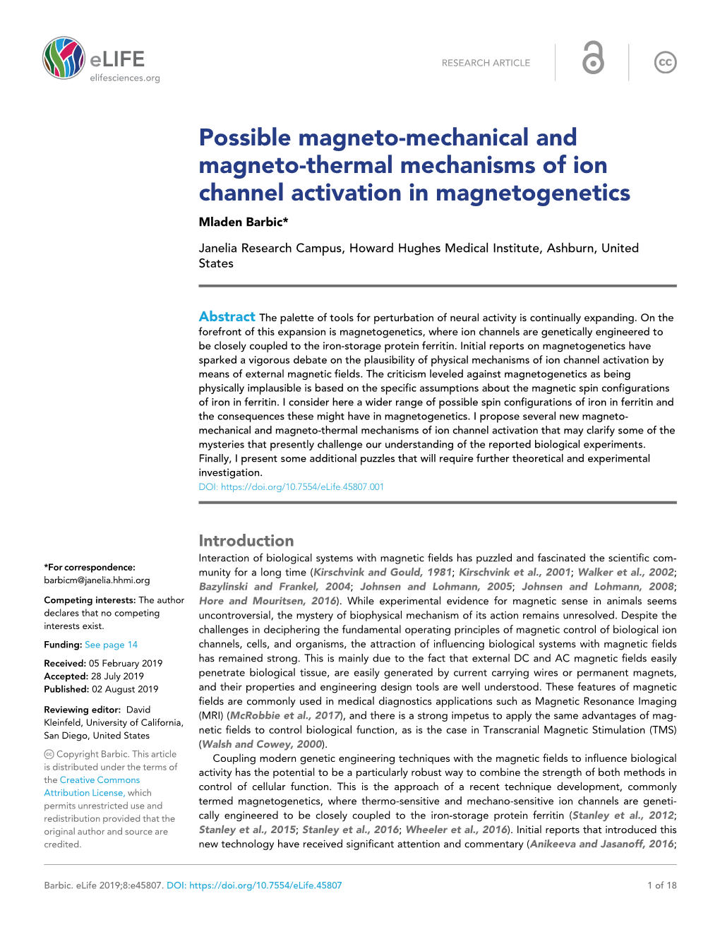 Possible Magneto-Mechanical and Magneto-Thermal Mechanisms of Ion Channel Activation in Magnetogenetics Mladen Barbic*