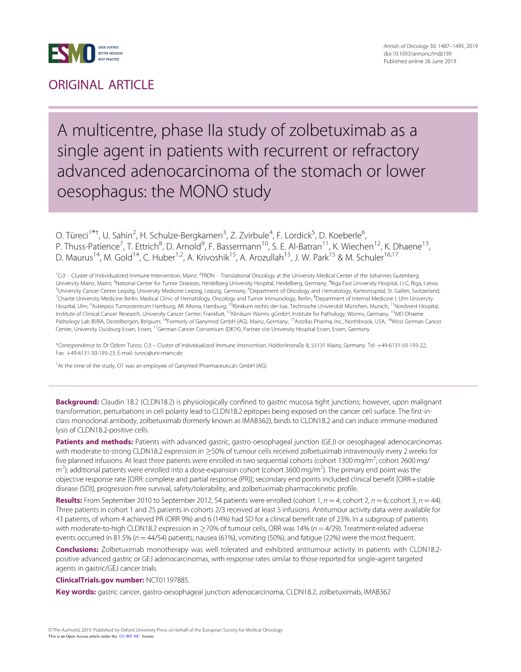 A Multicentre, Phase Iia Study of Zolbetuximab As a Single Agent In