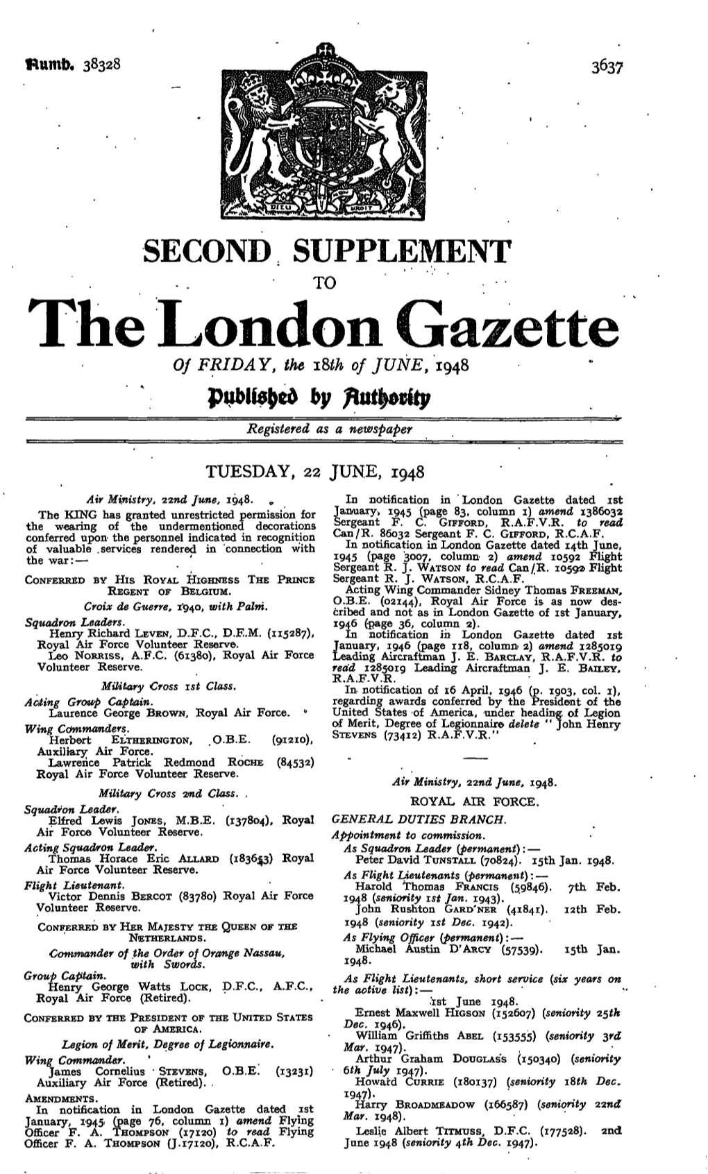 The London Gazette of FRIDAY, the I8fa of JUNE, 1948 by Registered As a Newspaper