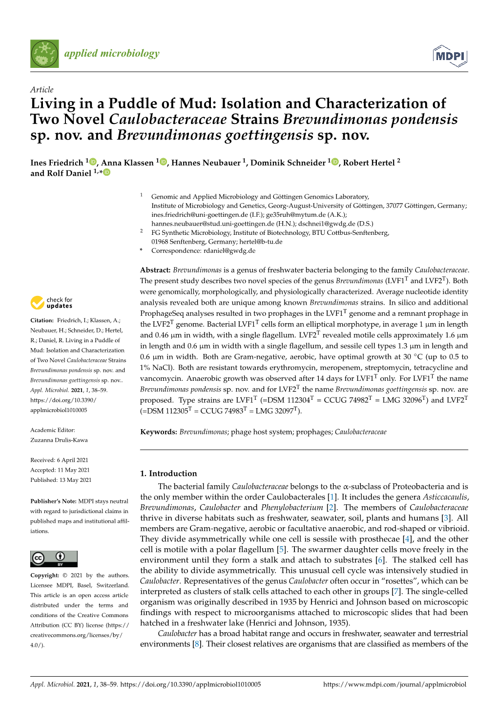 Isolation and Characterization of Two Novel Caulobacteraceae Strains Brevundimonas Pondensis Sp. Nov. and Brevundimonas Goettingensis Sp