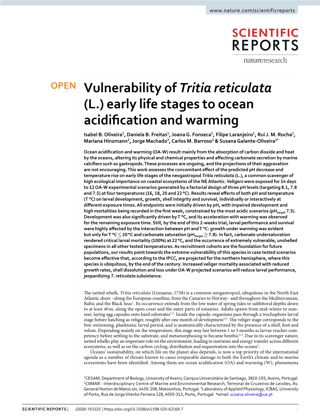 Vulnerability of Tritia Reticulata (L.) Early Life Stages to Ocean Acidifcation and Warming Isabel B