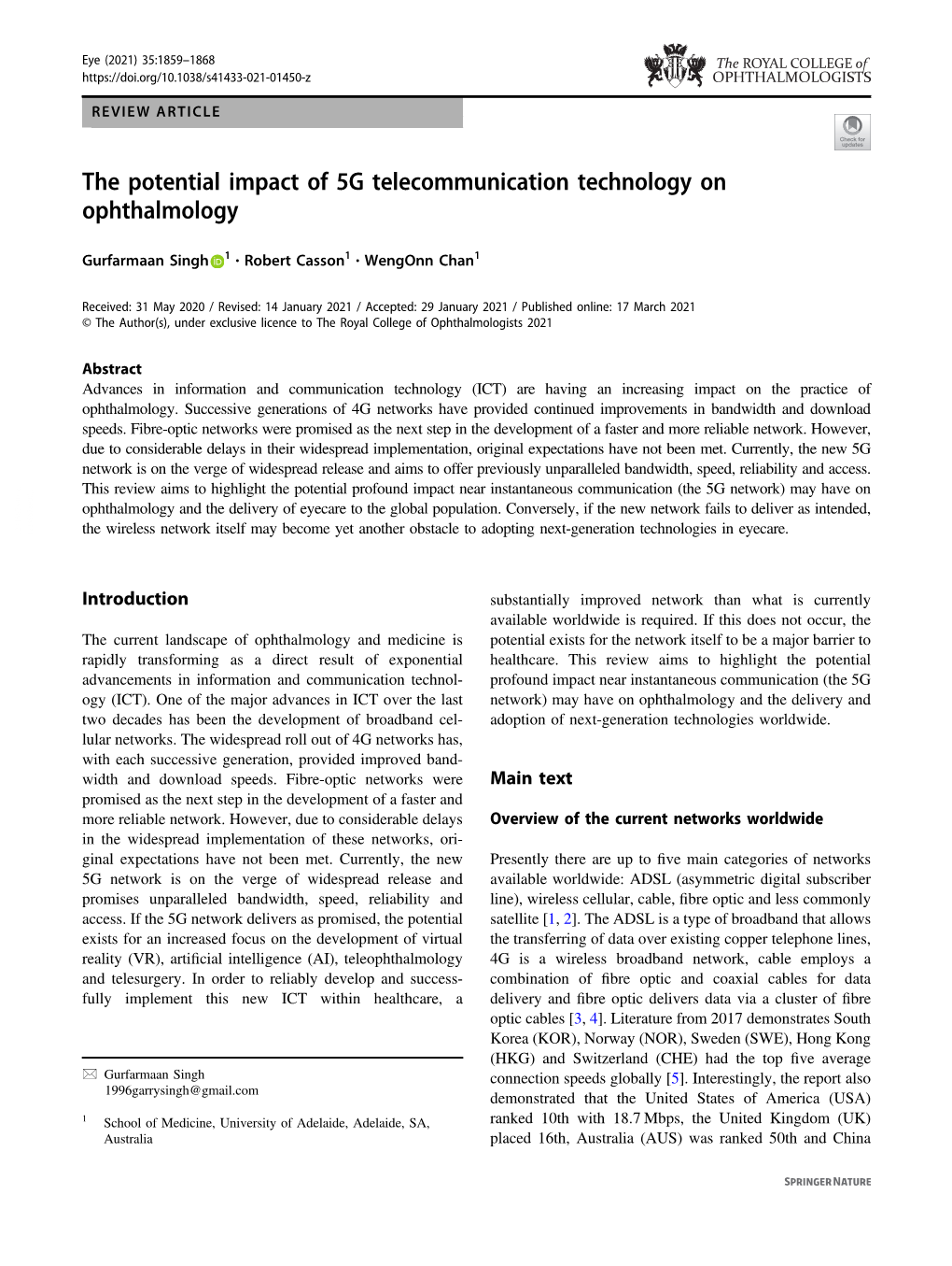 The Potential Impact of 5G Telecommunication Technology on Ophthalmology
