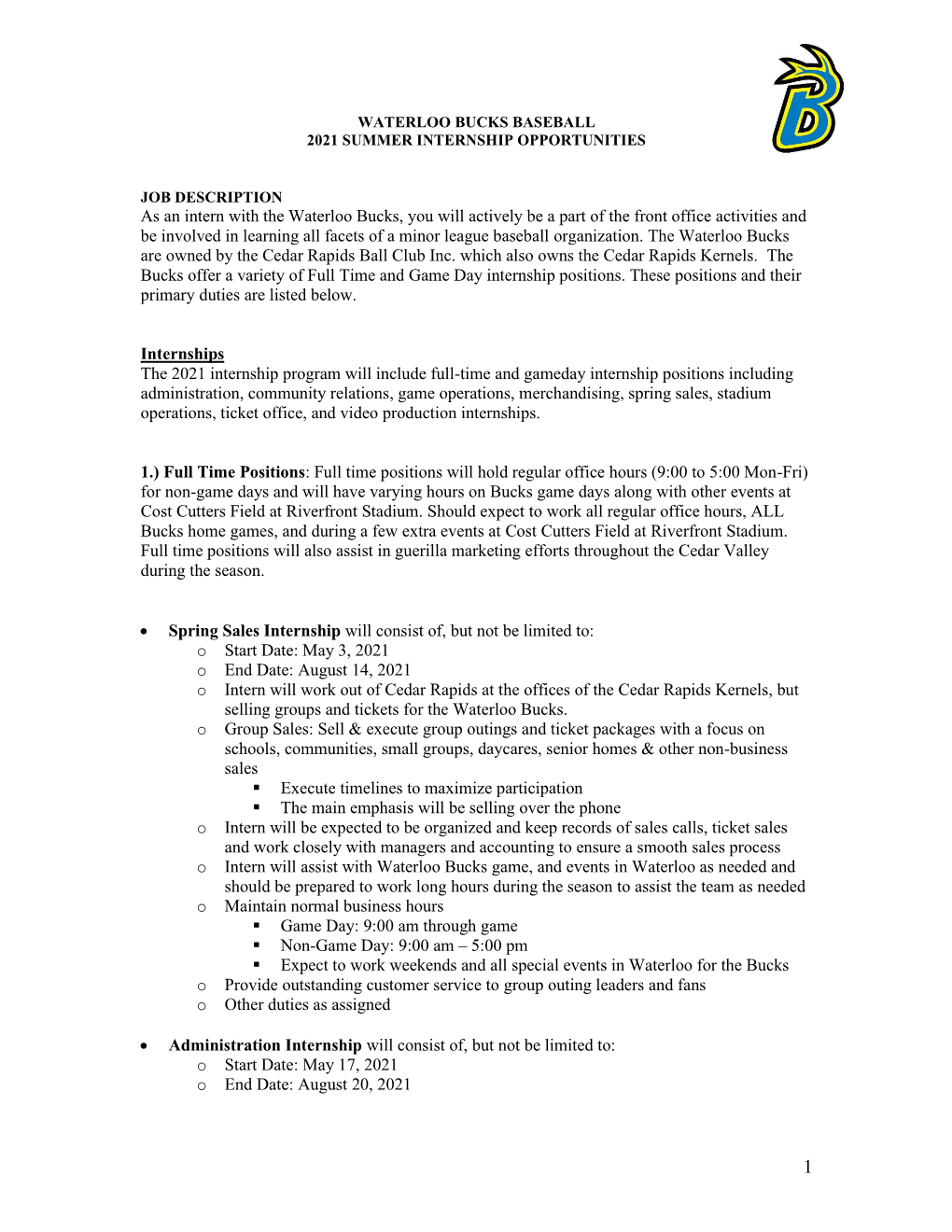 Waterloo Bucks Baseball 2021 Summer Internship Opportunities Job Description