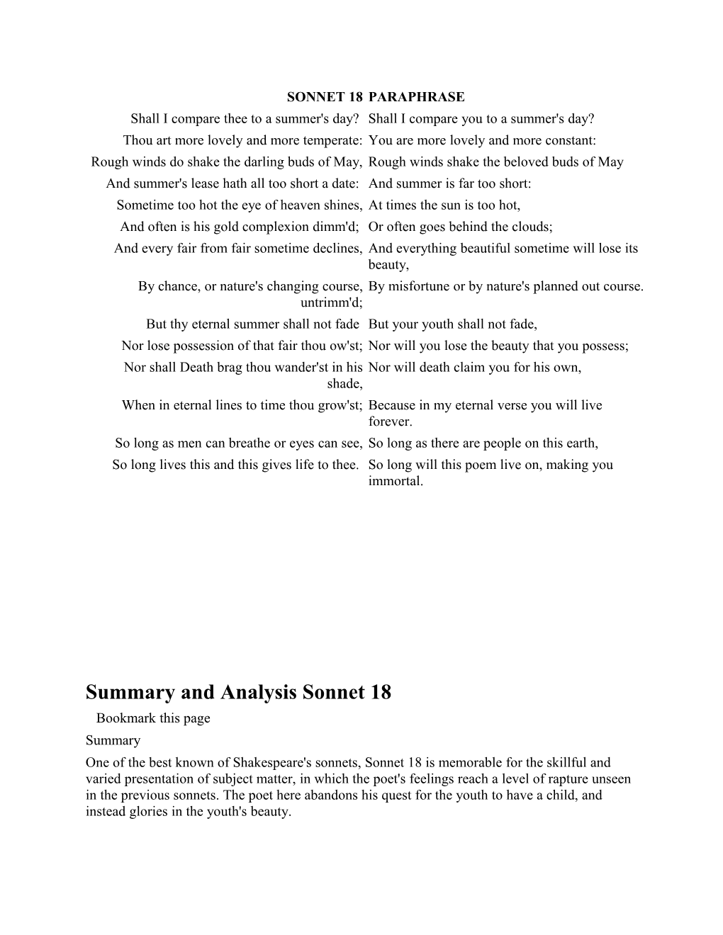 Summary and Analysis Sonnet 18