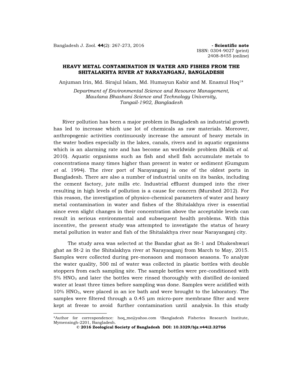 Heavy Metal Contamination in Water and Fishes from the Shitalakhya River at Narayanganj, Bangladesh