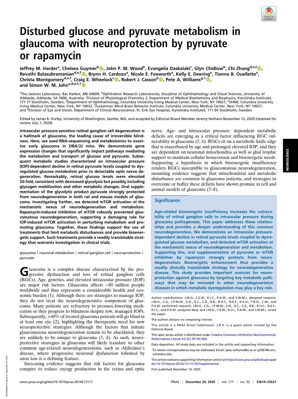 Disturbed Glucose and Pyruvate Metabolism in Glaucoma with Neuroprotection by Pyruvate Or Rapamycin