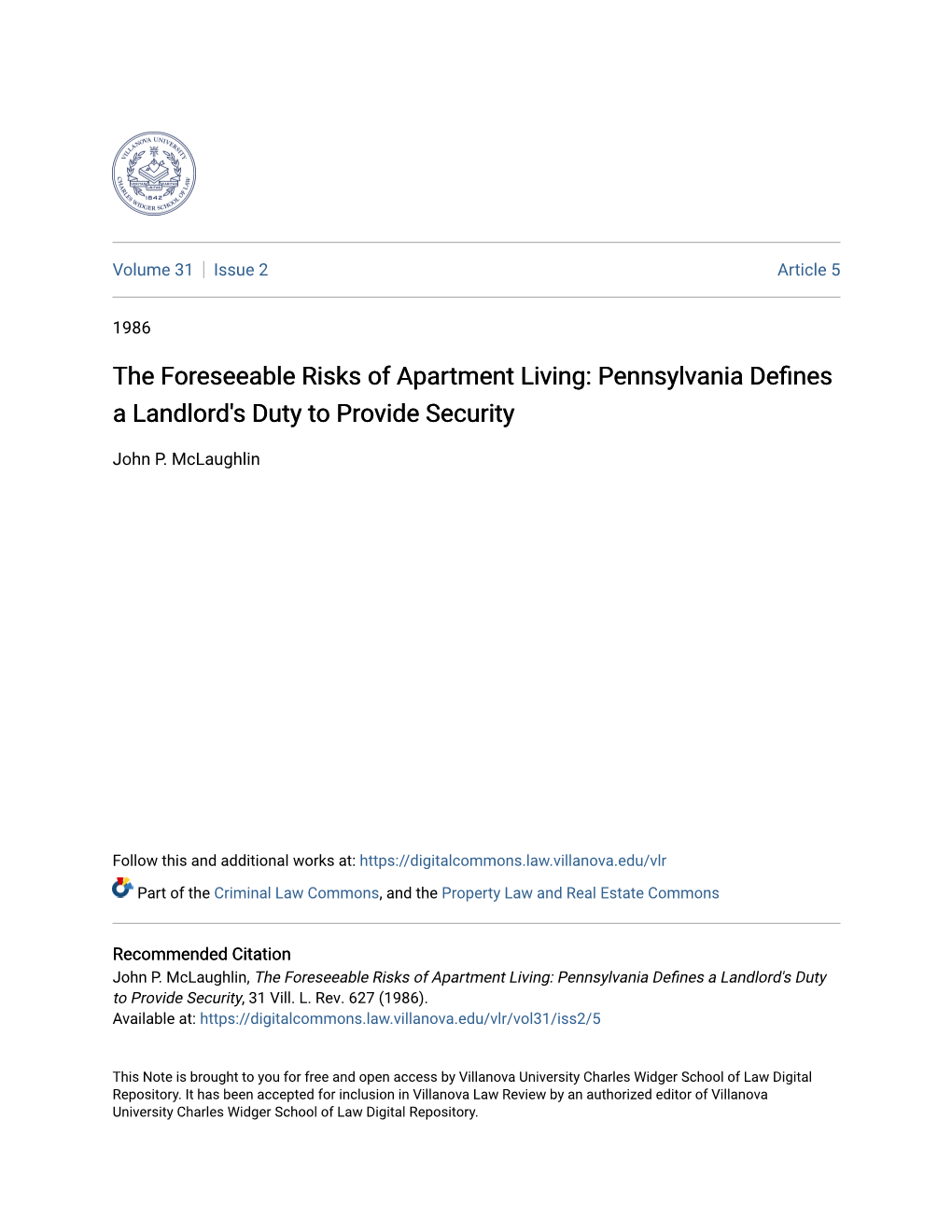 The Foreseeable Risks of Apartment Living: Pennsylvania Defines a Landlord's Duty to Provide Security