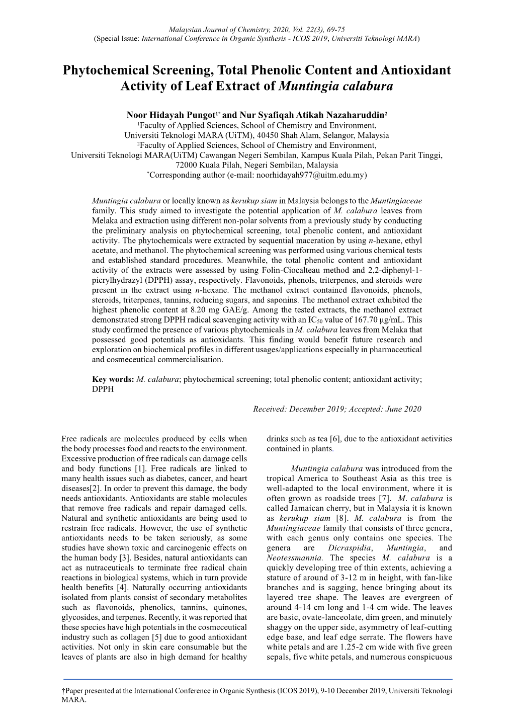 Phytochemical Screening, Total Phenolic Content and Antioxidant Activity of Leaf Extract of Muntingia Calabura