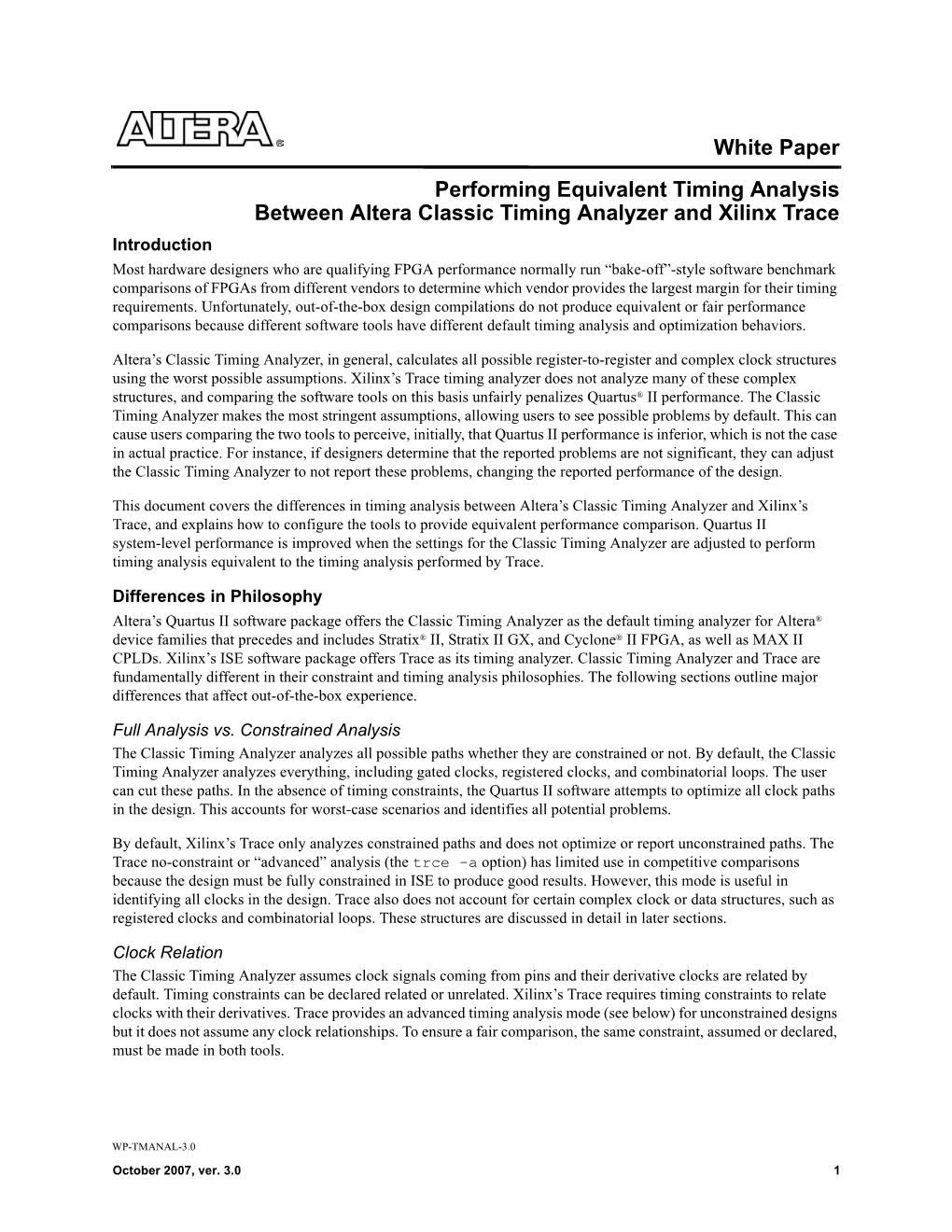 Performing Equivalent Timing Analysis Between Altera