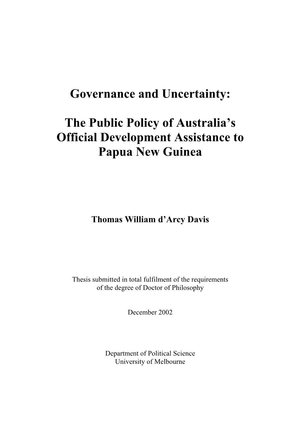 The Public Policy of Australia's Official Development Assistance to Papua New Guinea