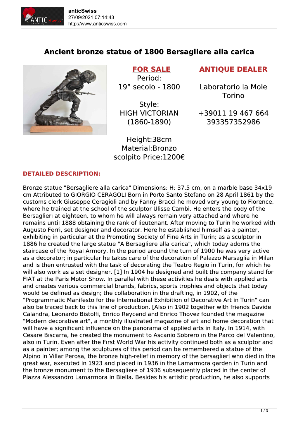 Ancient Bronze Statue of 1800 Bersagliere Alla Carica