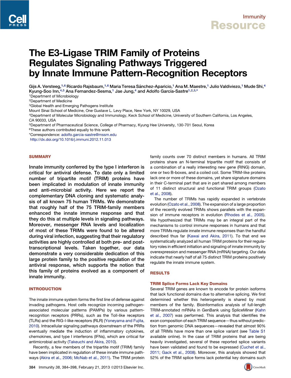 The E3-Ligase TRIM Family of Proteins Regulates Signaling Pathways Triggered by Innate Immune Pattern-Recognition Receptors