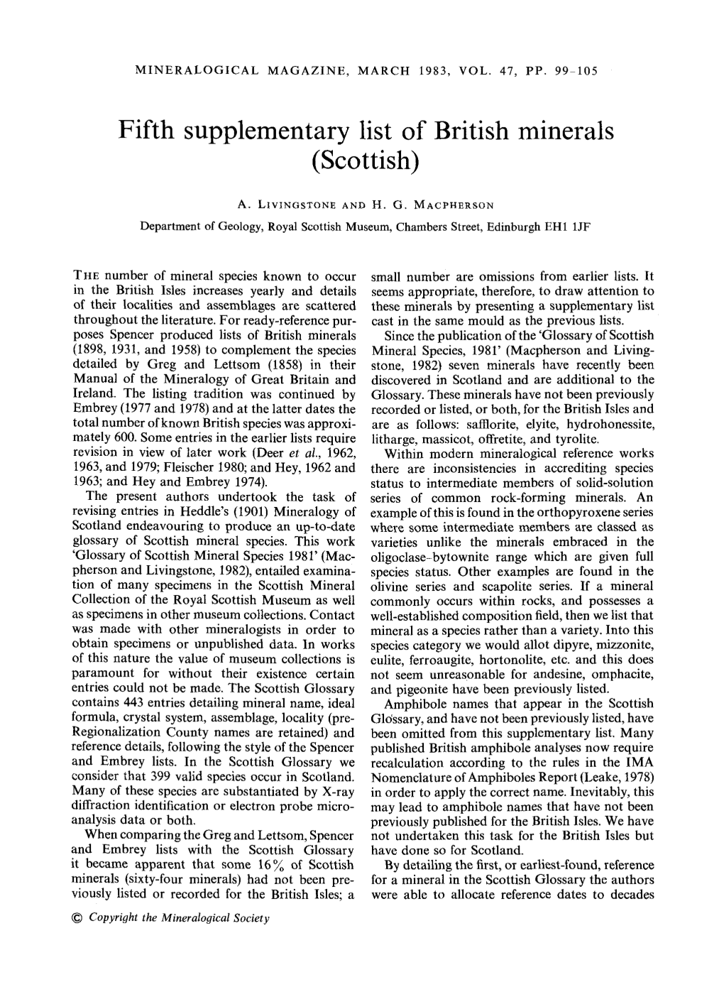 Fifth Supplementary List of British Minerals (Scottish)