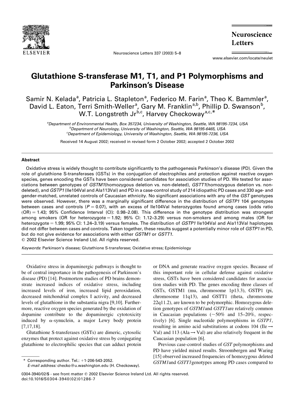 Glutathione S-Transferase M1, T1, and P1 Polymorphisms and Parkinson's Disease