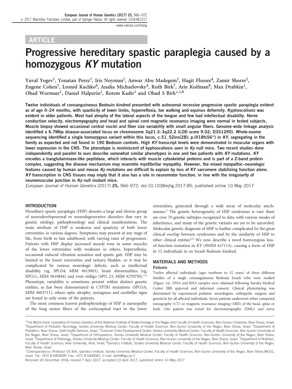 Progressive Hereditary Spastic Paraplegia Caused by a Homozygous KY Mutation