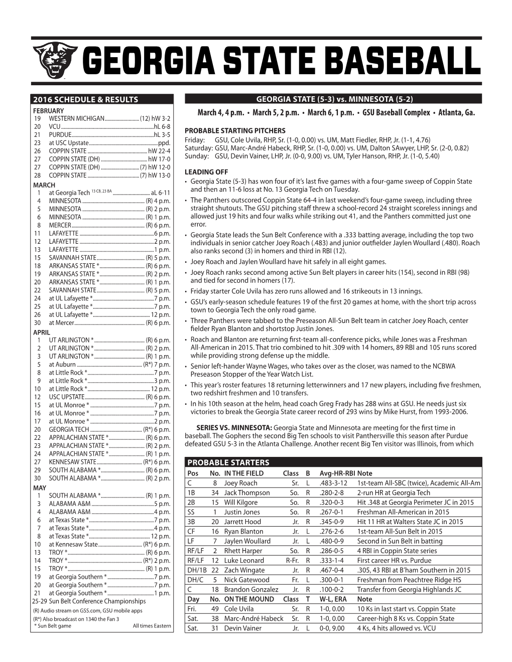 GEORGIA STATE BASEBALL 2016 SCHEDULE & RESULTS GEORGIA STATE (5-3) Vs