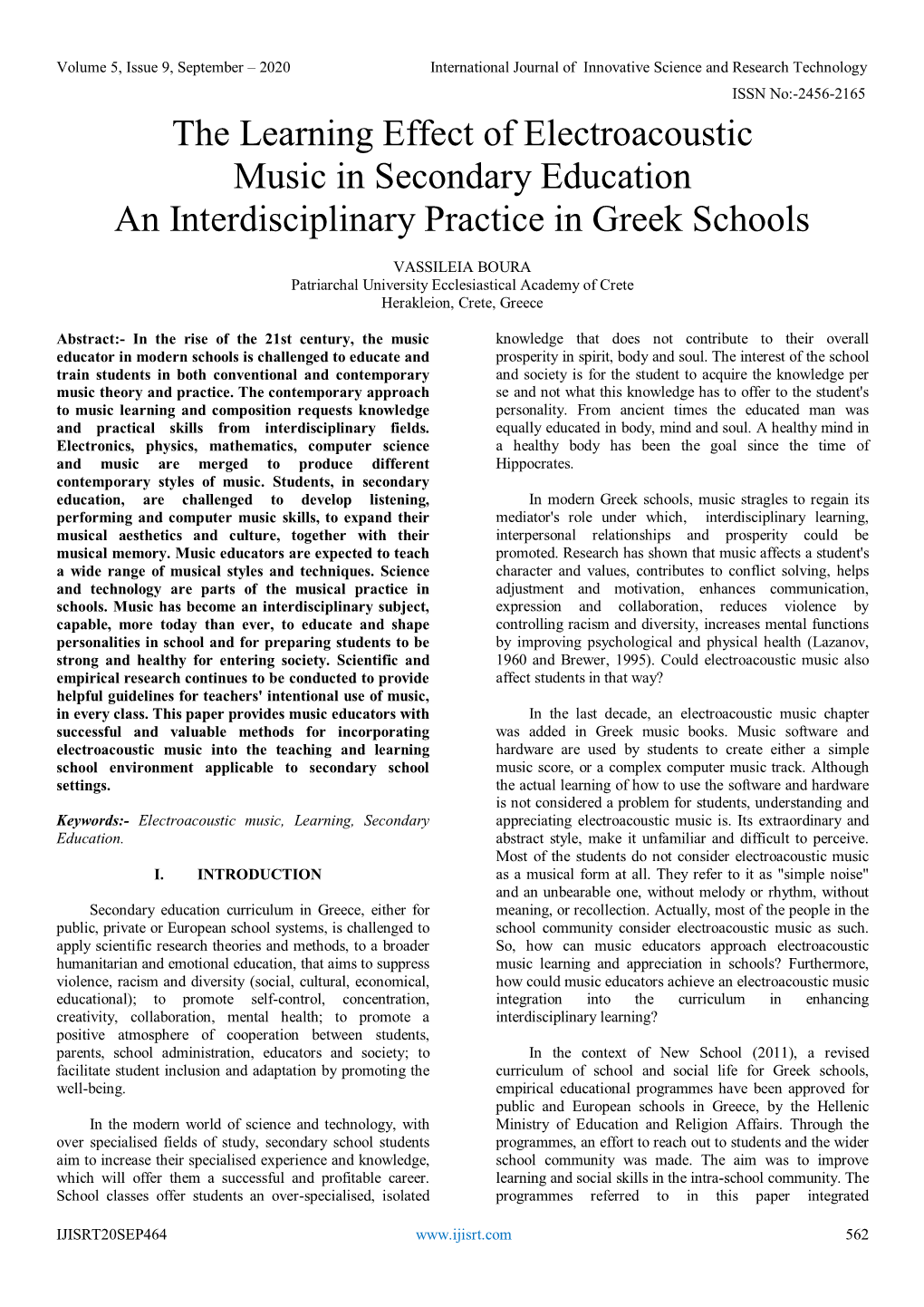 The Learning Effect of Electroacoustic Music in Secondary Education an Interdisciplinary Practice in Greek Schools