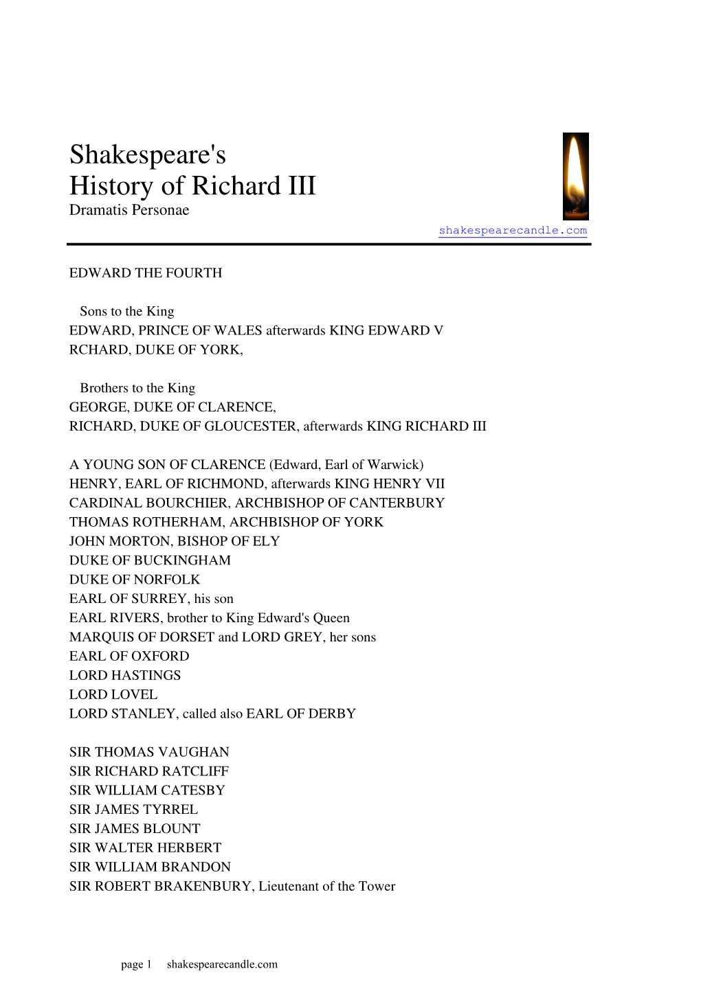 History of Richard III Dramatis Personae Shakespearecandle.Com