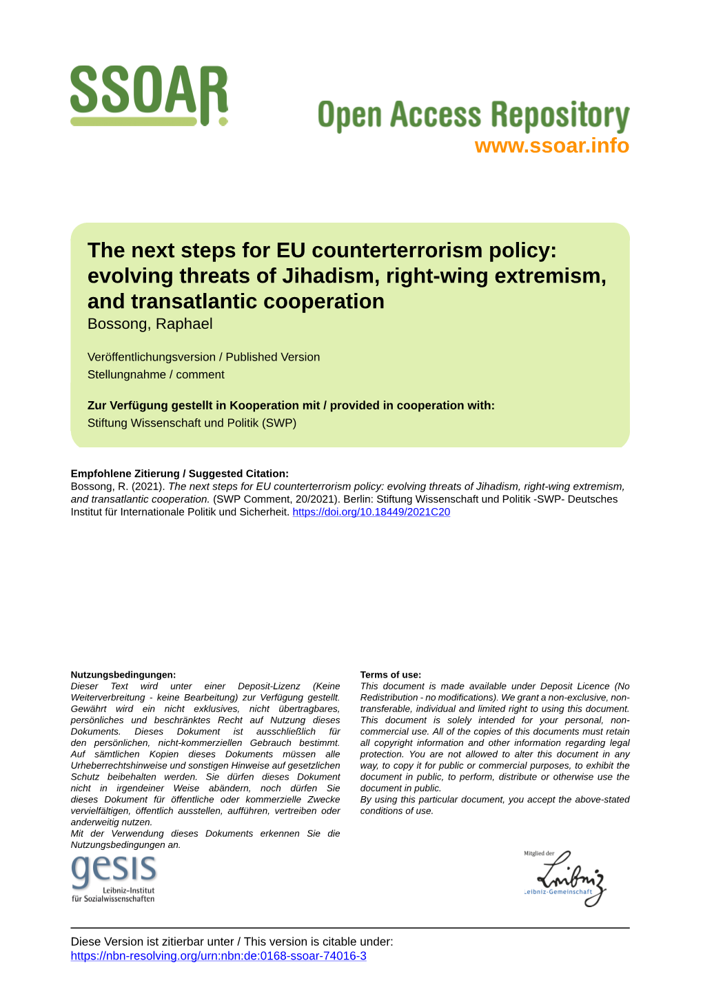 The Next Steps for EU Counterterrorism Policy: Evolving Threats of Jihadism, Right-Wing Extremism, and Transatlantic Cooperation Bossong, Raphael