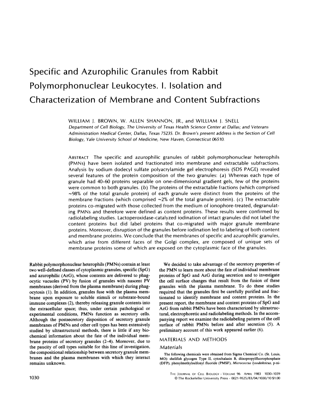 Specific and Azurophilic Granules from Rabbit Polymorphonuclear Leukocytes