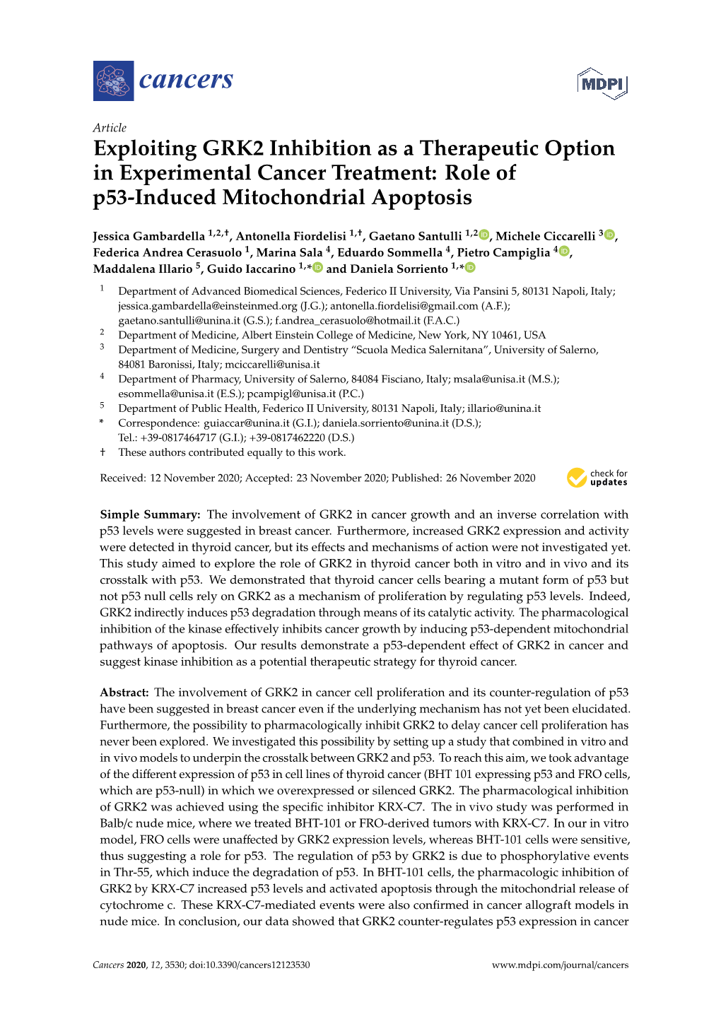 Exploiting GRK2 Inhibition As a Therapeutic Option in Experimental Cancer Treatment: Role of P53-Induced Mitochondrial Apoptosis