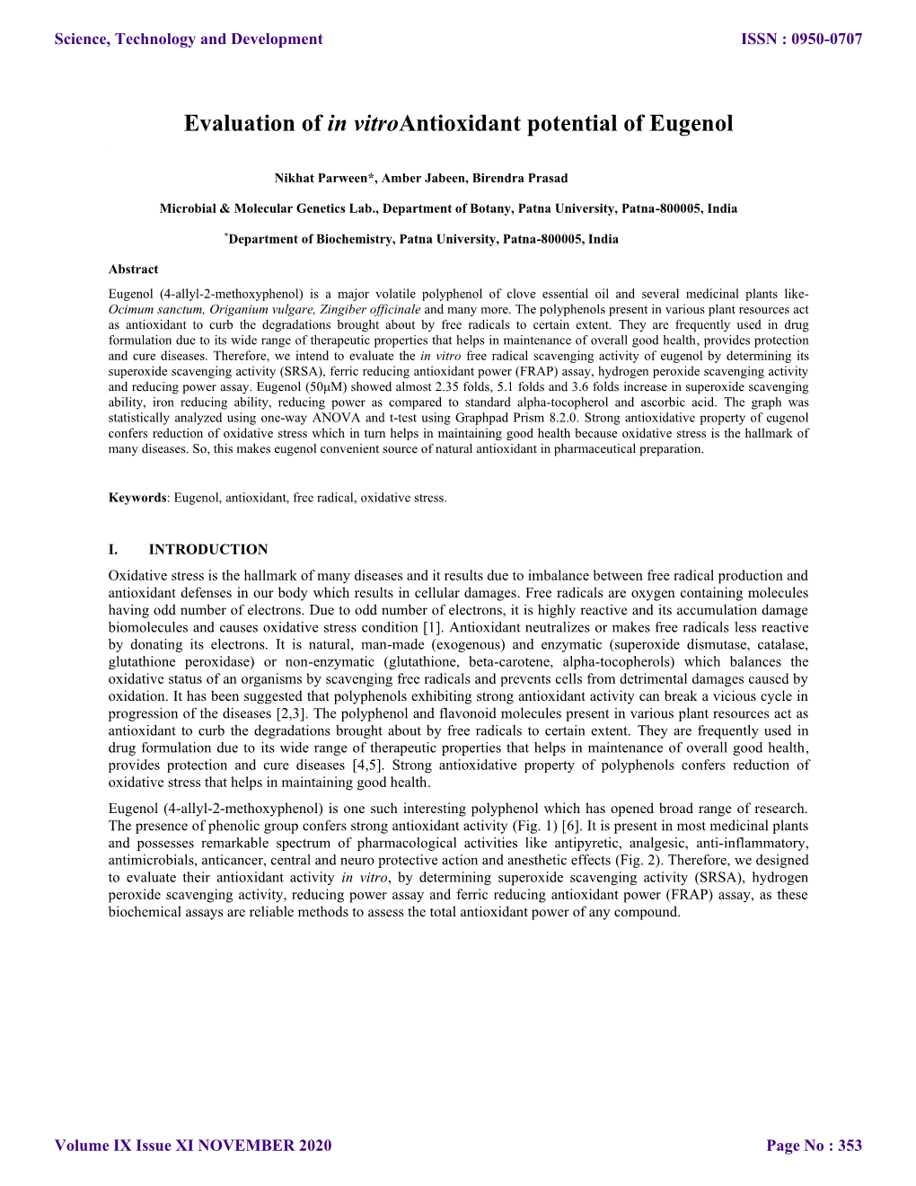 Evaluation of in Vitroantioxidant Potential of Eugenol