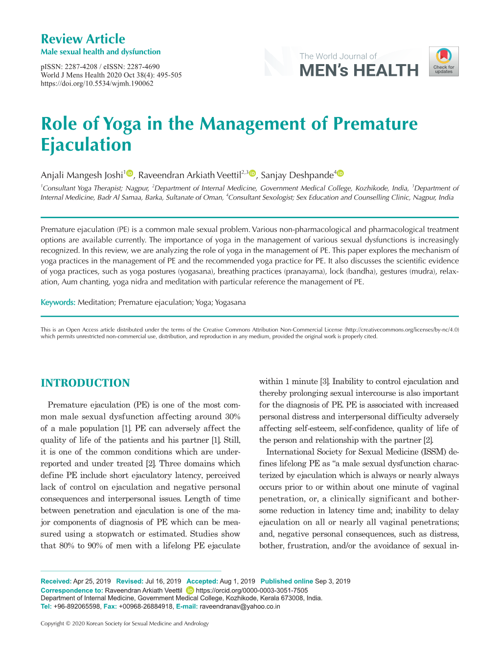 Role of Yoga in the Management of Premature Ejaculation