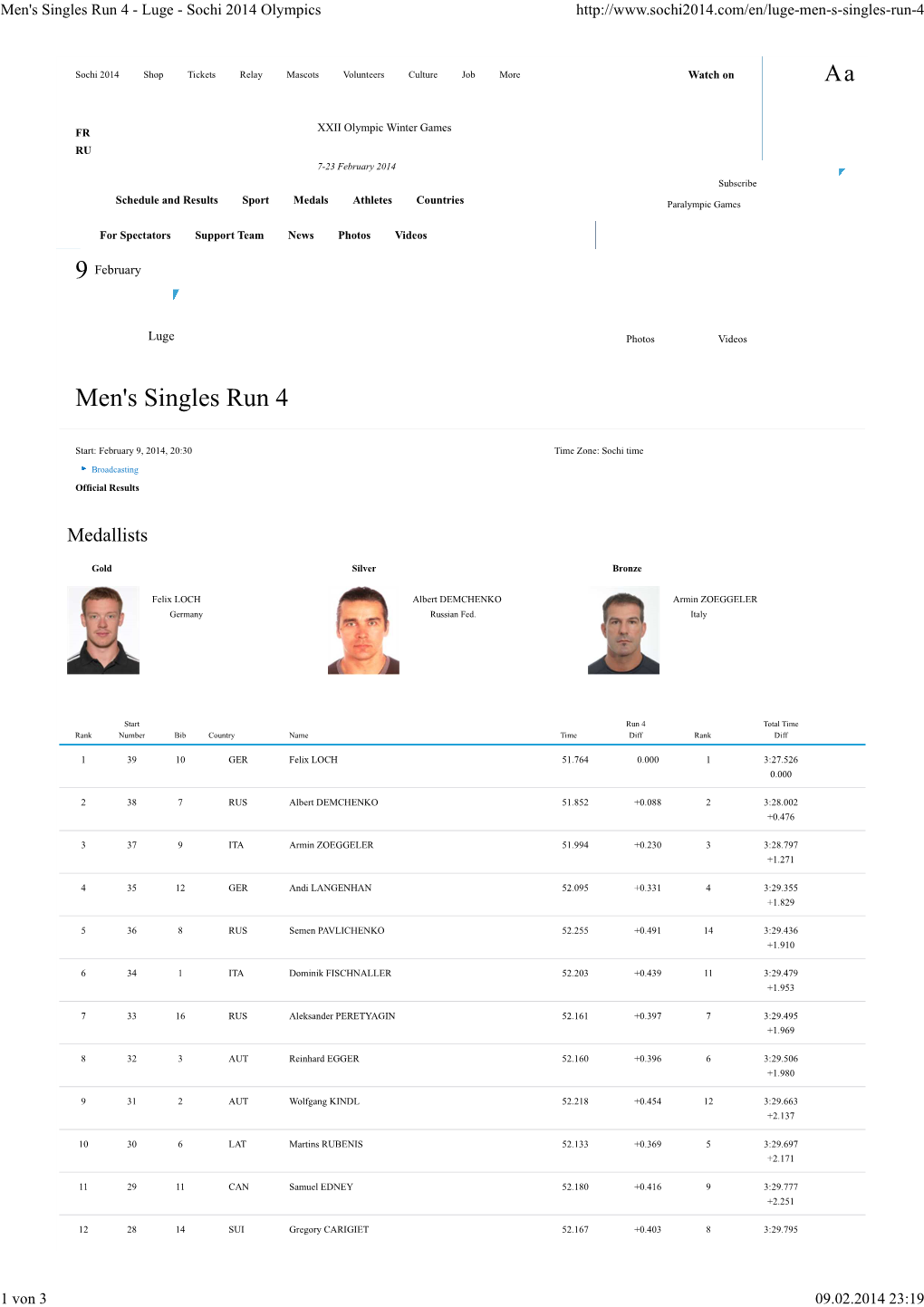 Men's Singles Run 4 - Luge - Sochi 2014 Olympics