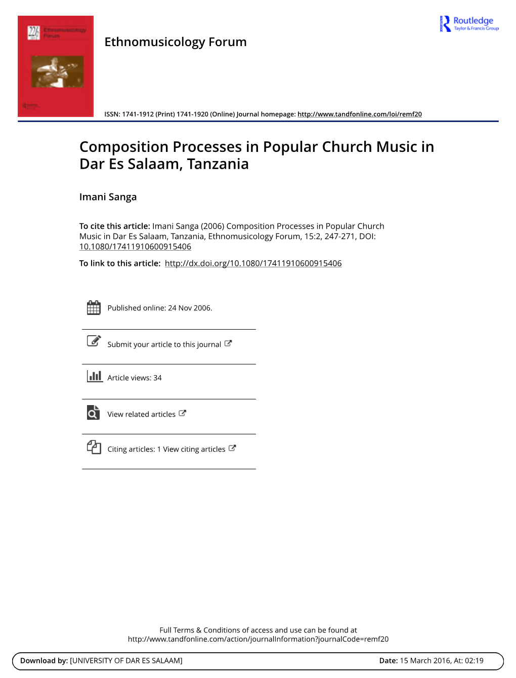 Composition Processes in Popular Church Music in Dar Es Salaam, Tanzania