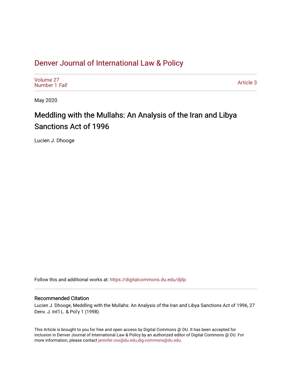 An Analysis of the Iran and Libya Sanctions Act of 1996