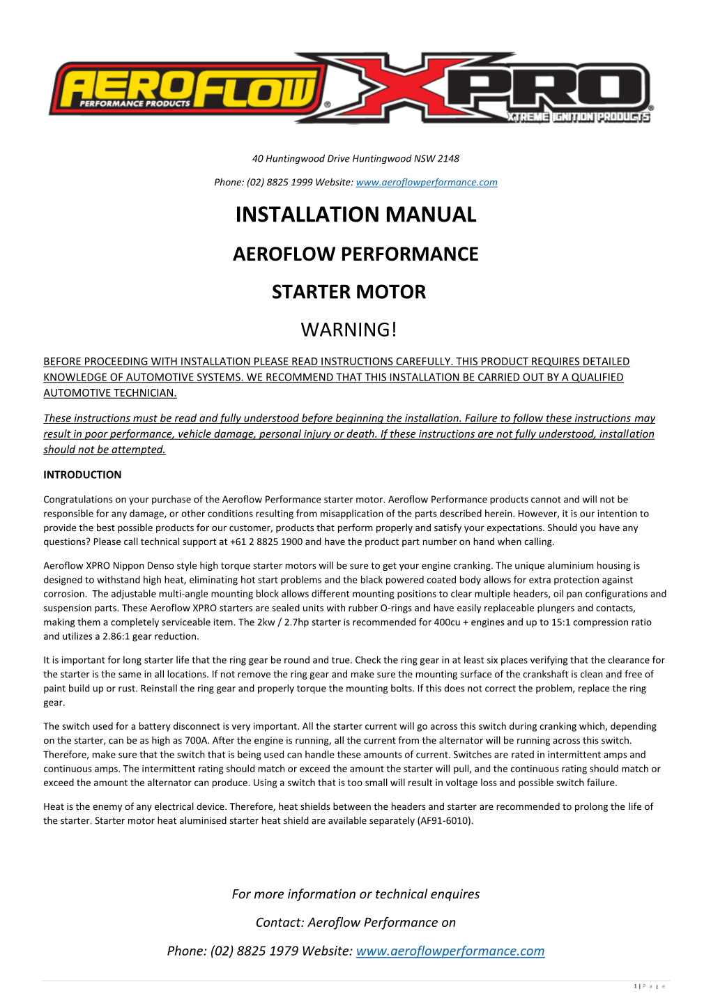 Aeroflow Performance Starter Motor Warning!