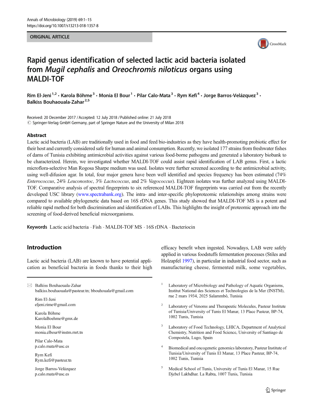 Rapid Genus Identification of Selected Lactic Acid Bacteria Isolated from Mugil Cephalis and Oreochromis Niloticus Organs Using MALDI-TOF