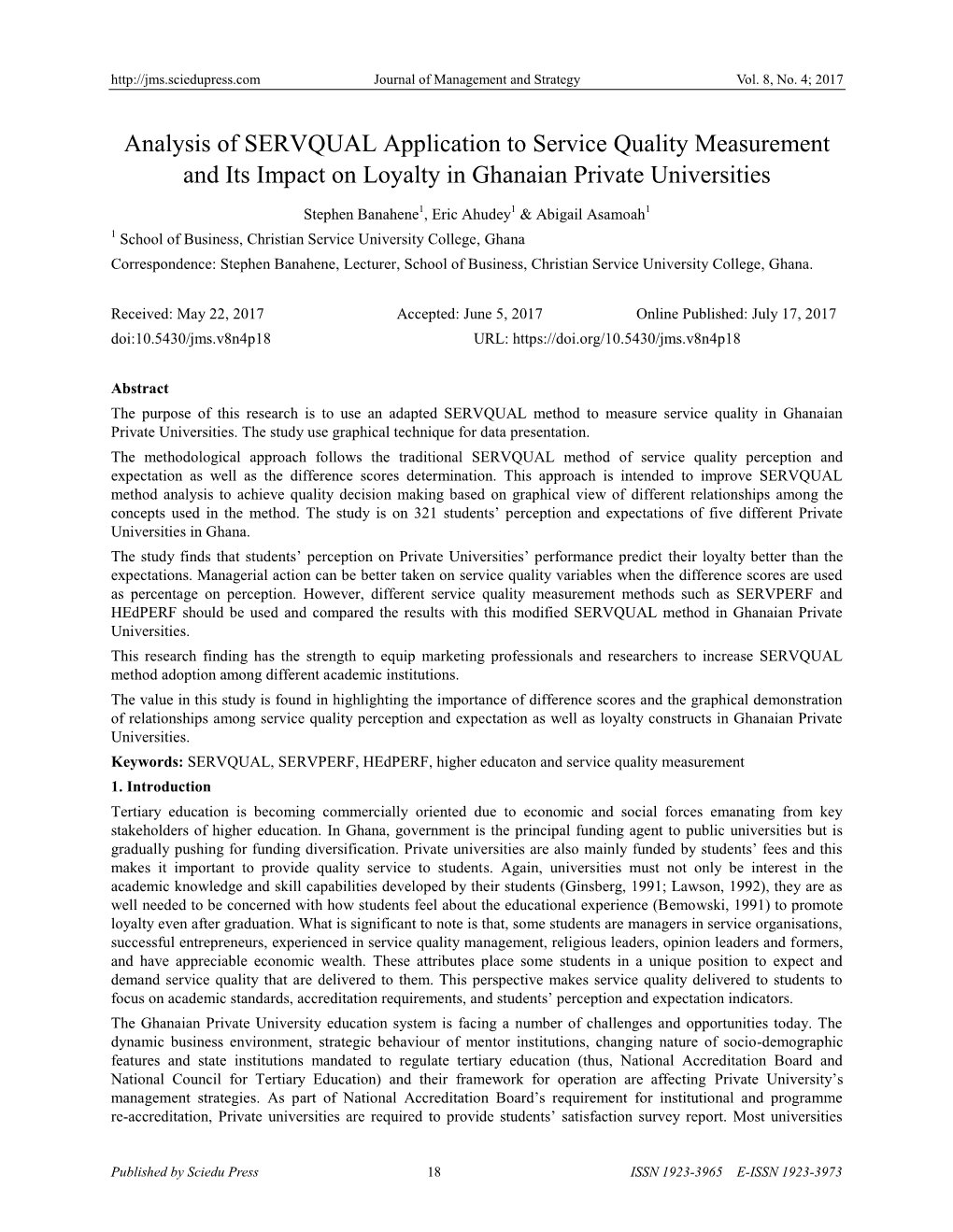 Analysis of SERVQUAL Application to Service Quality Measurement and Its Impact on Loyalty in Ghanaian Private Universities