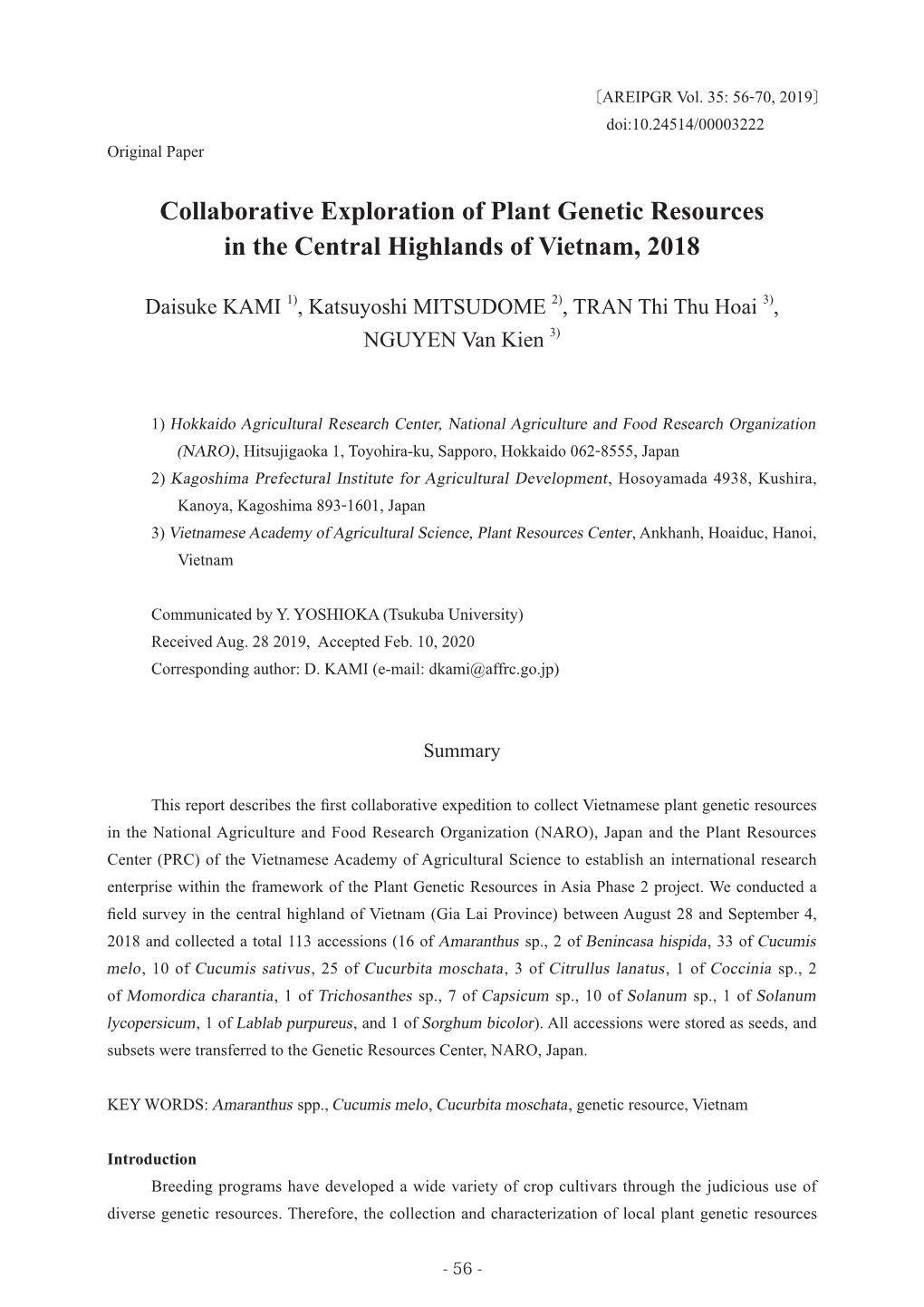 Collaborative Exploration of Plant Genetic Resources in the Central Highlands of Vietnam, 2018