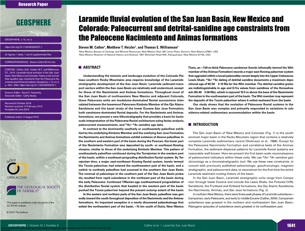 Laramide Fluvial Evolution of the San Juan Basin, New Mexico and Colorado: Paleocurrent and Detrital-Sanidine Age Constraints From