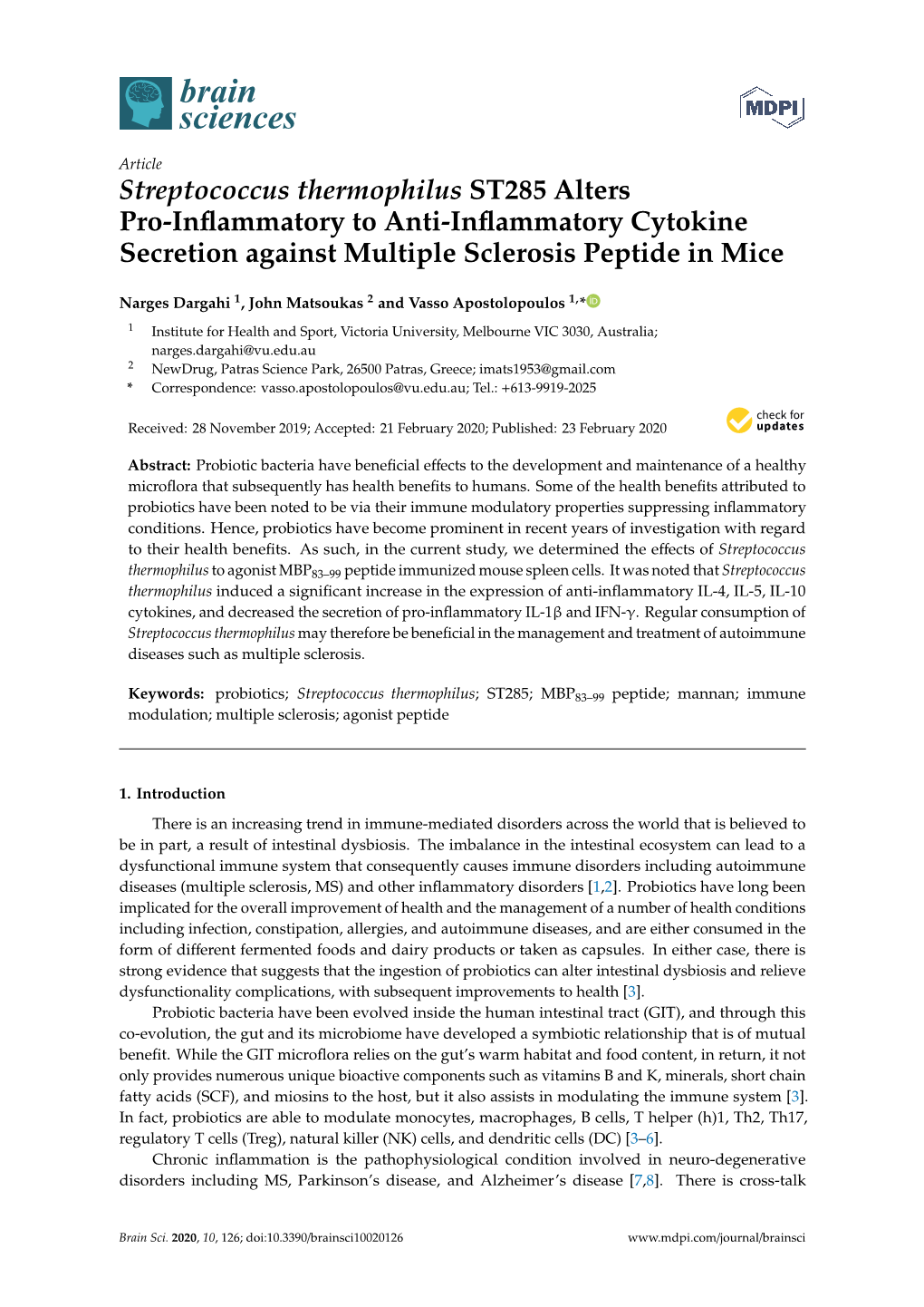 Streptococcus Thermophilus ST285 Alters Pro-Inflammatory to Anti