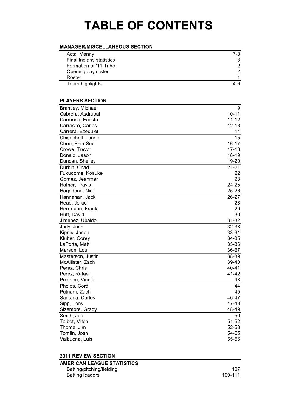 SS Table of Contents