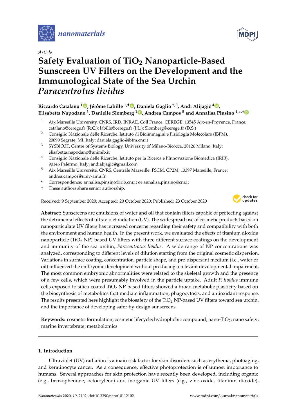 Safety Evaluation of Tio2 Nanoparticle-Based Sunscreen UV Filters on the Development and the Immunological State of the Sea Urchin Paracentrotus Lividus