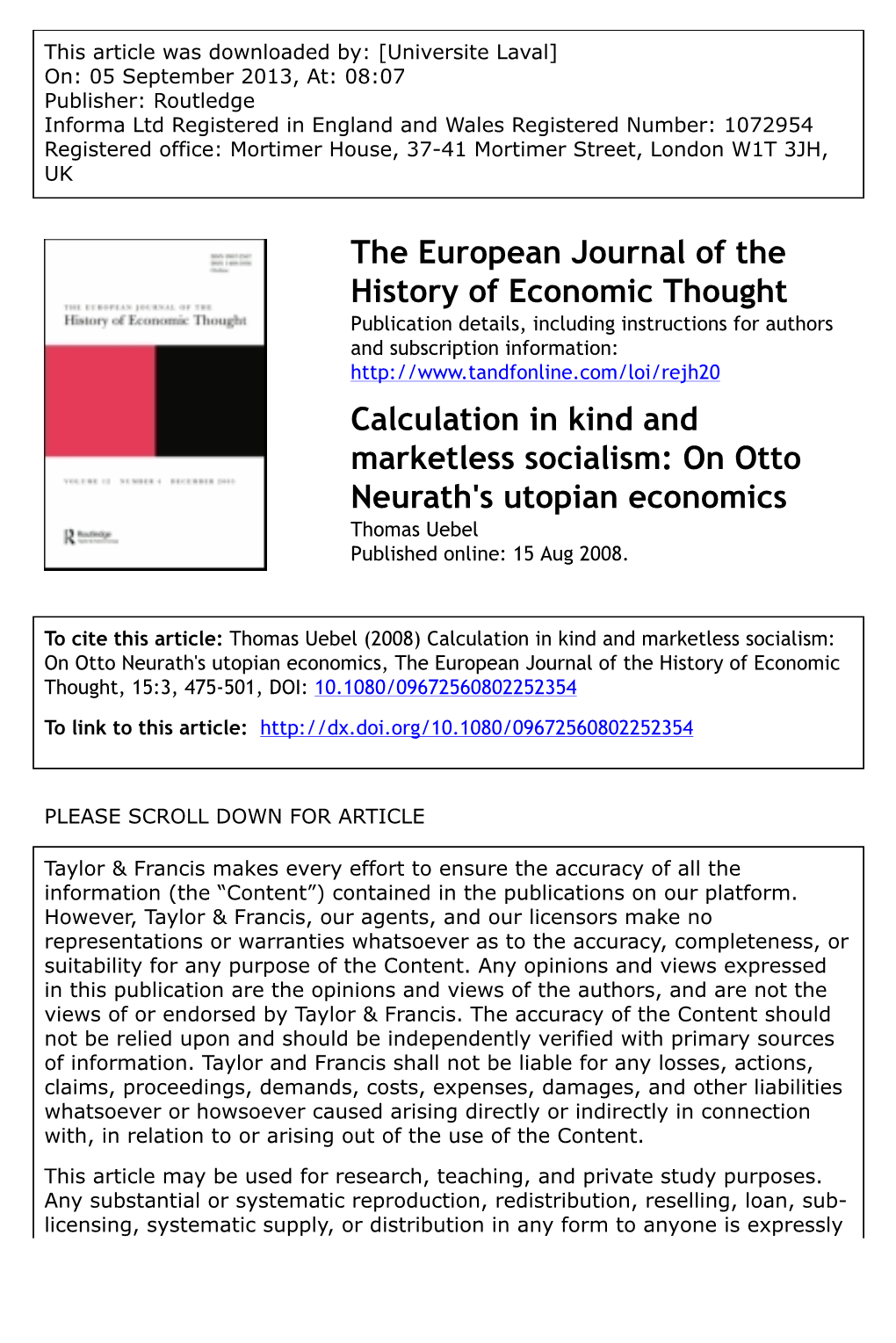 Calculation in Kind and Marketless Socialism- on Otto Neurath's