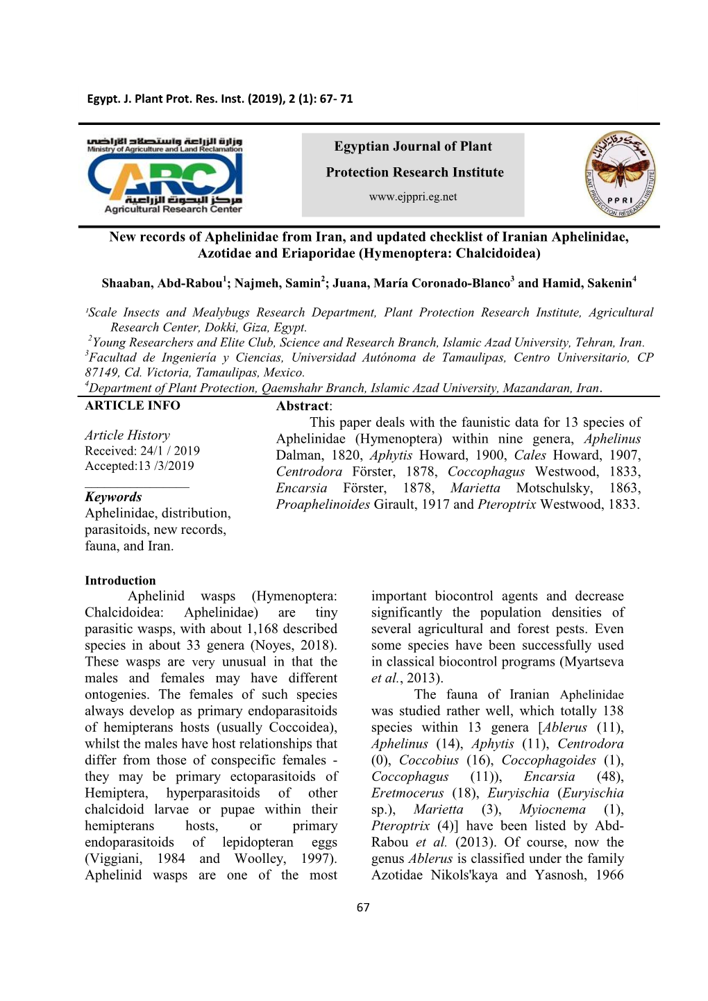 Article History Keywords Aphelinidae, Distribution, Parasitoids, New