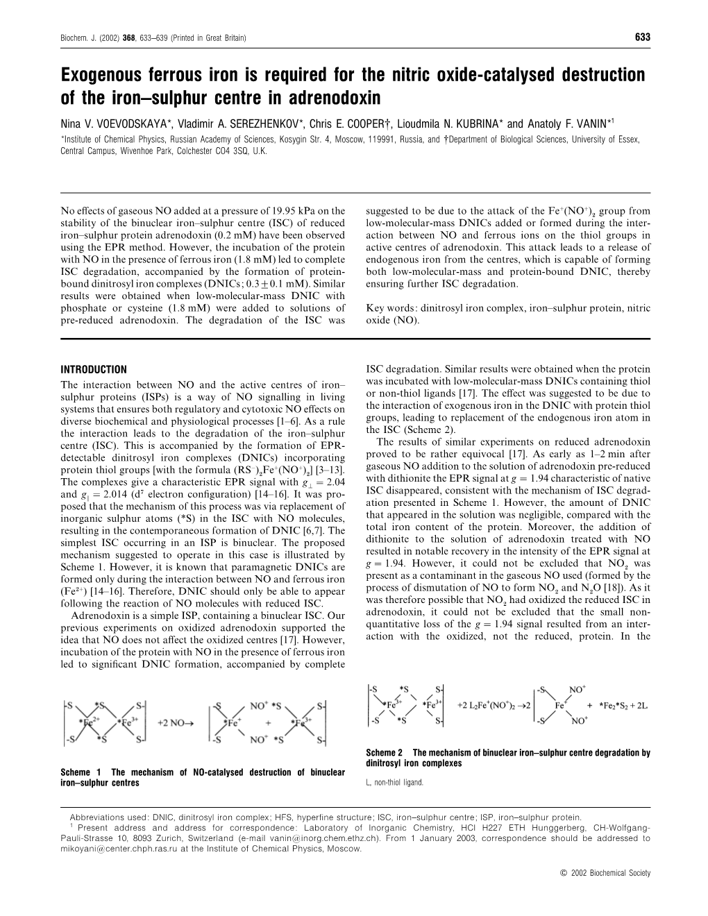 Exogenous Ferrous Iron Is Required for the Nitric Oxide-Catalysed Destruction of the Iron–Sulphur Centre in Adrenodoxin Nina V