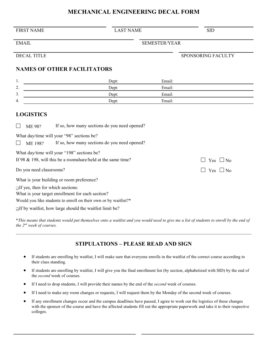 Mechanical Engineering Decal Form