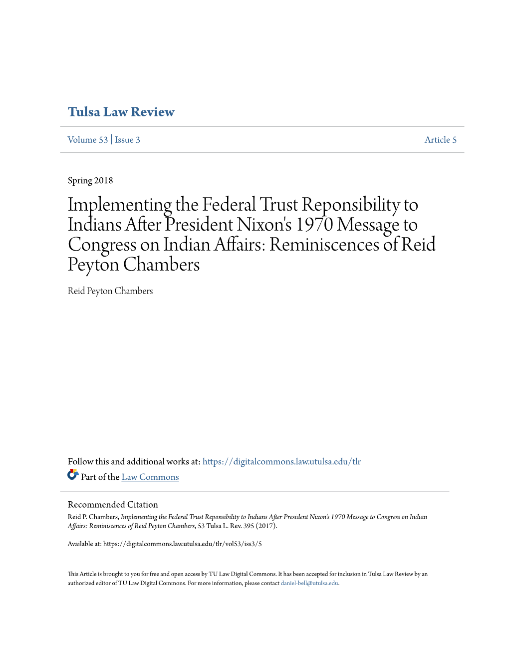 Implementing the Federal Trust Reponsibility to Indians After President Nixon's 1970 Message to Congress on Indian Affairs