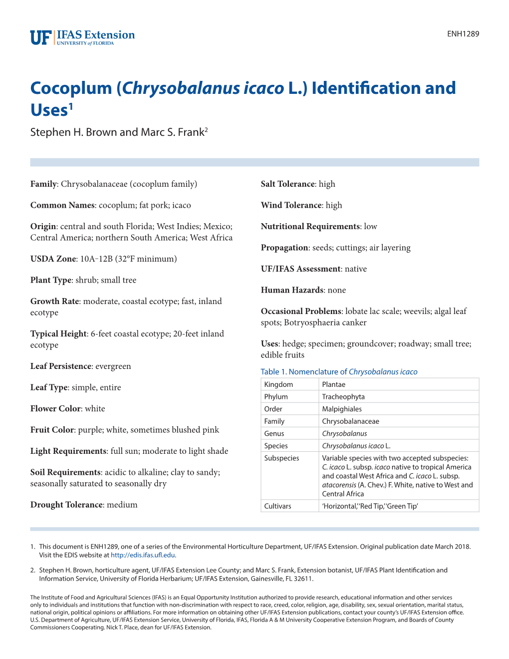 Cocoplum (Chrysobalanus Icaco L.) Identification and Uses1 Stephen H