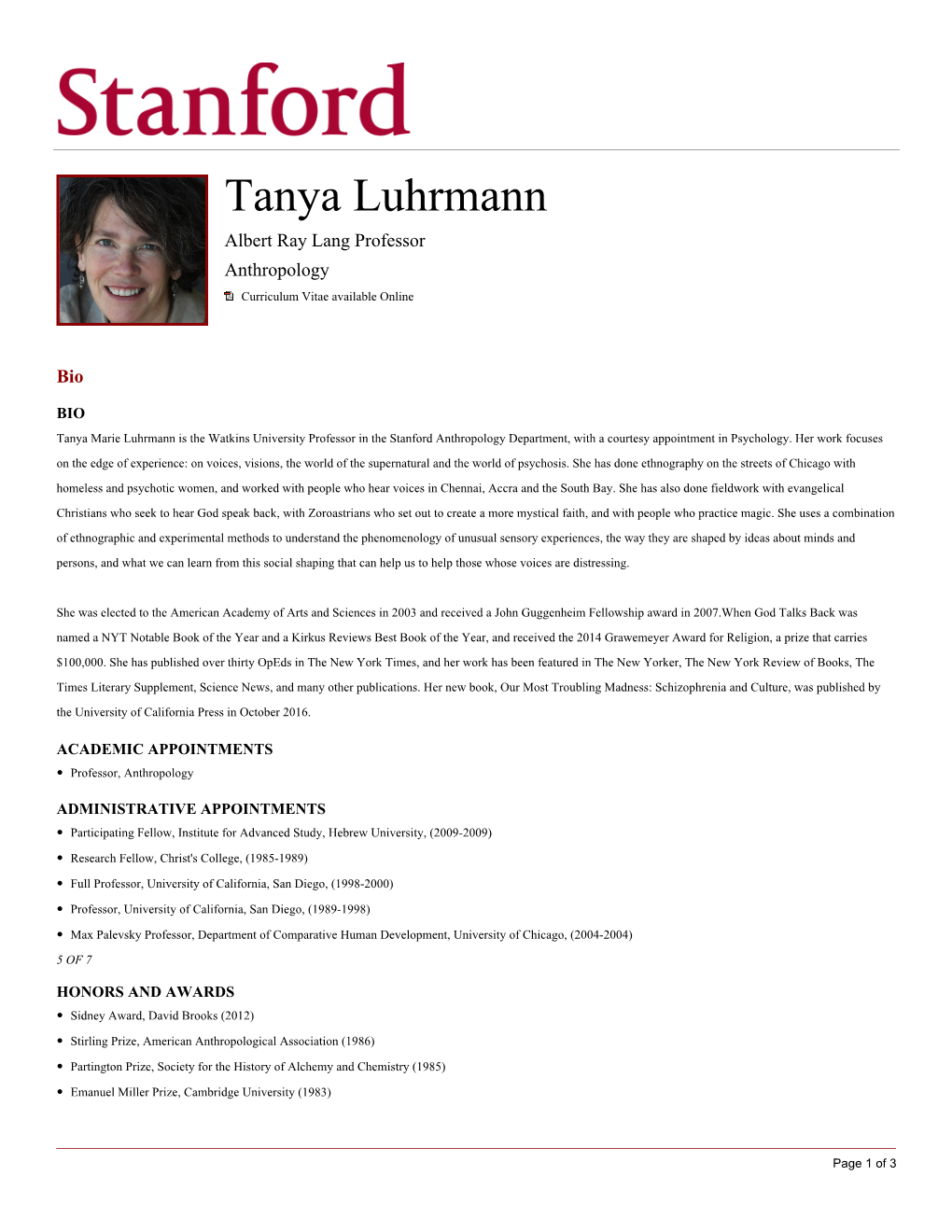 Tanya Luhrmann Albert Ray Lang Professor Anthropology Curriculum Vitae Available Online