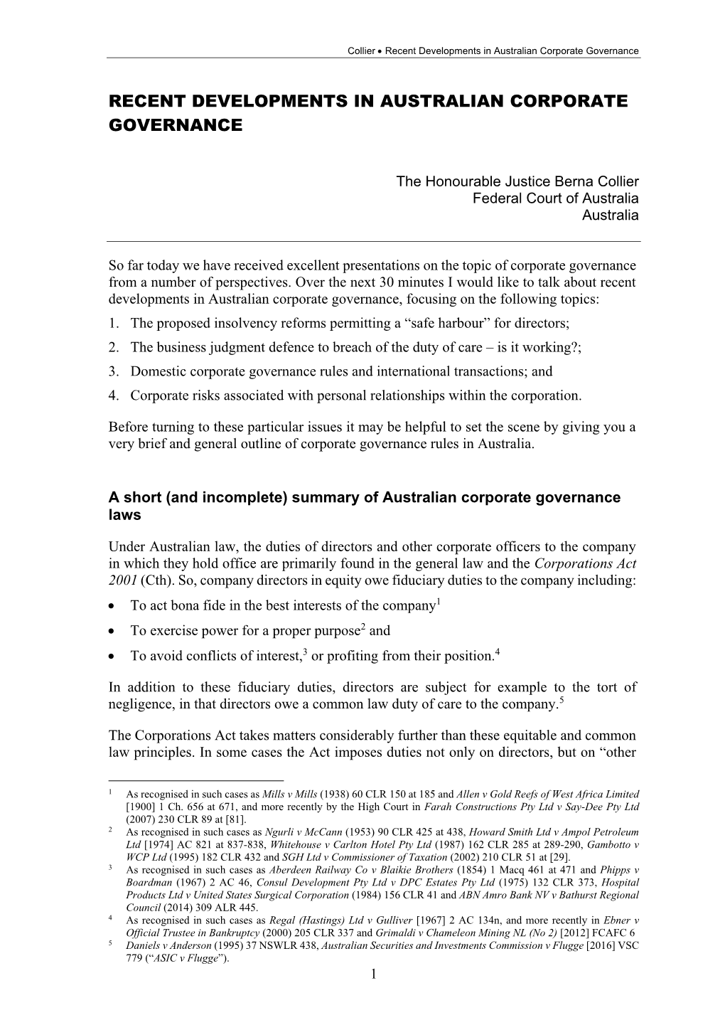 Recent Developments in Australian Corporate Governance