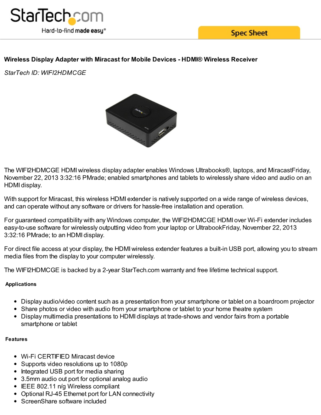Wireless Display Adapter with Miracast for Mobile Devices - HDMI® Wireless Receiver