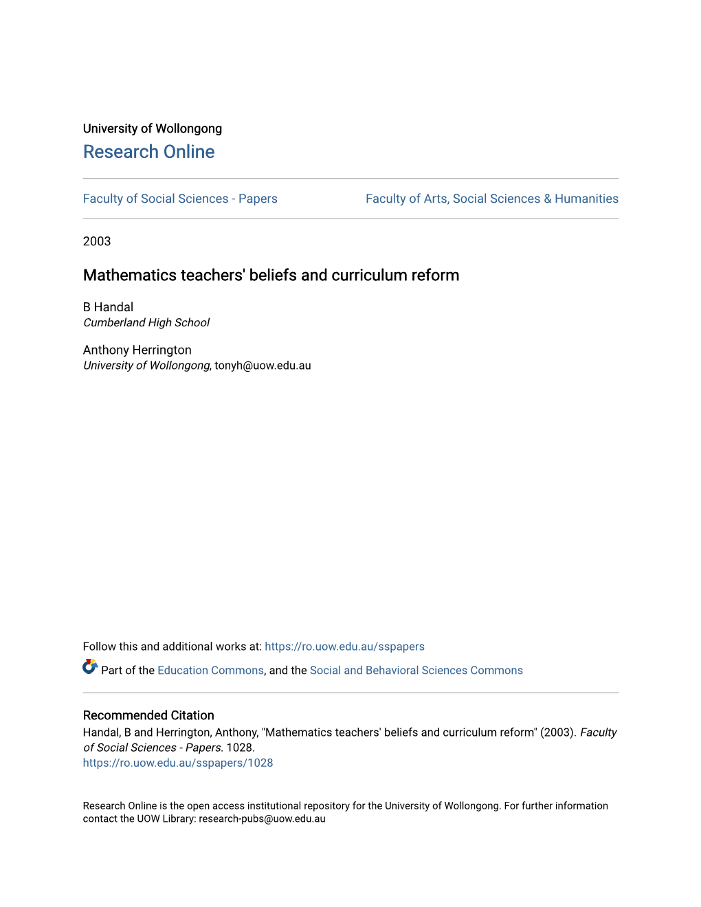 Mathematics Teachers' Beliefs and Curriculum Reform