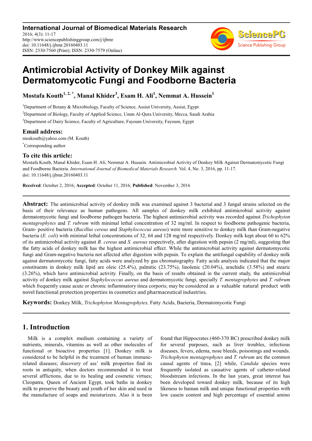 Antimicrobial Activity of Donkey Milk Against Dermatomycotic Fungi and Foodborne Bacteria